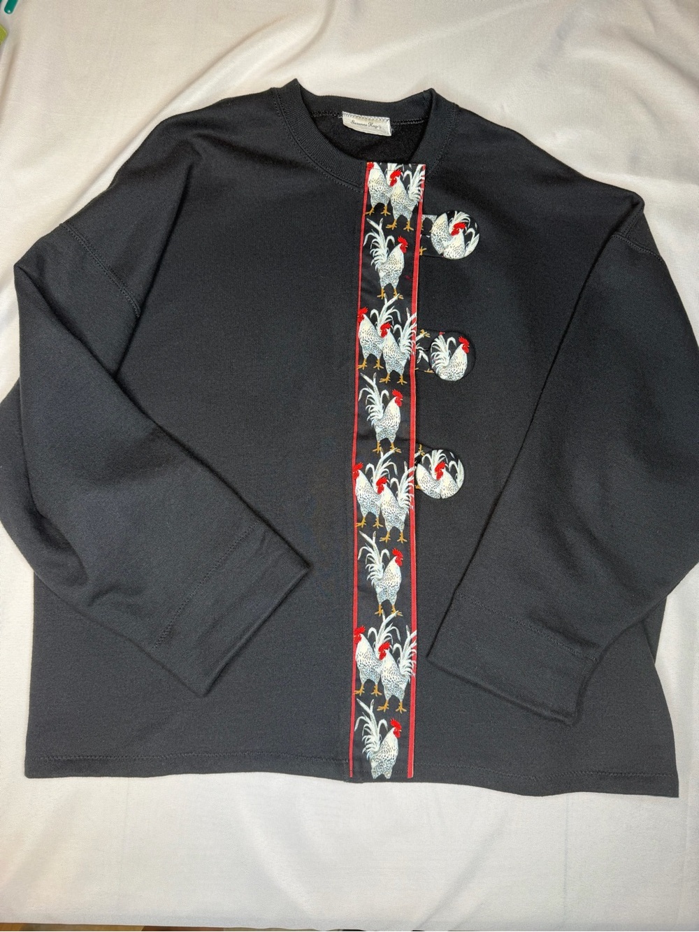 Handmade Black Sweatshirt/Cardigan with Rooster Design and Large Buttons. Size L